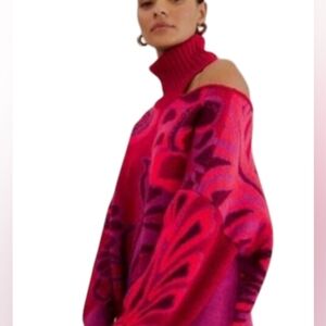 Farm Rio Cutout Intarsia Knit EUC Floral Turtle Neck Pink/Orange/Red Size XS
